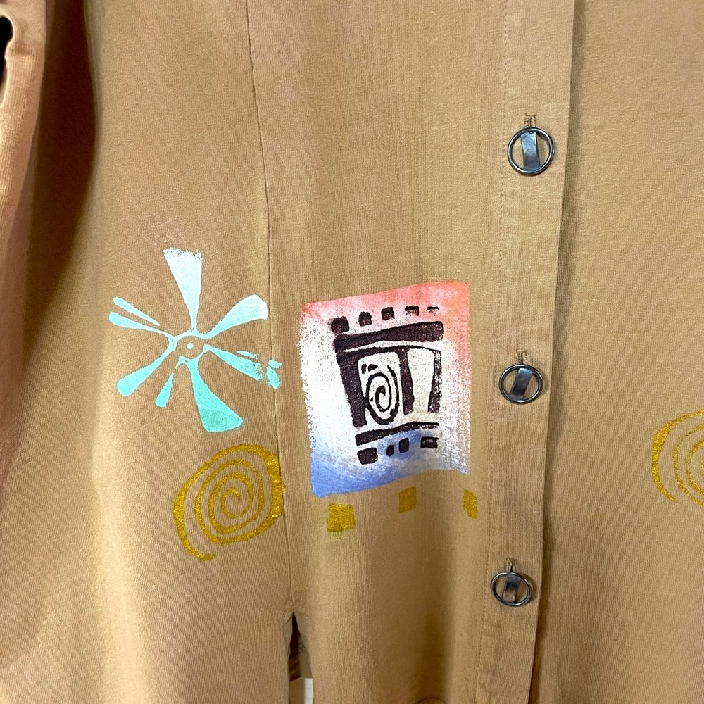 Vintage NWT Fenini Brown Cotton Hand Painted Short Sleeve Button Down Shirt Sz L - Picture 5 of 5